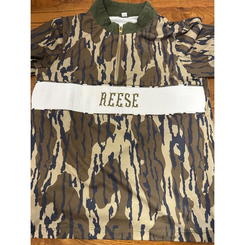 camo quarter zip shirt with ruffles and‎ smocked name reese girl's 8
